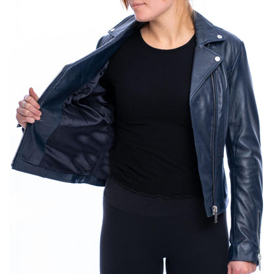 Women's Blue Moto Leather Jacket - Bull Armour