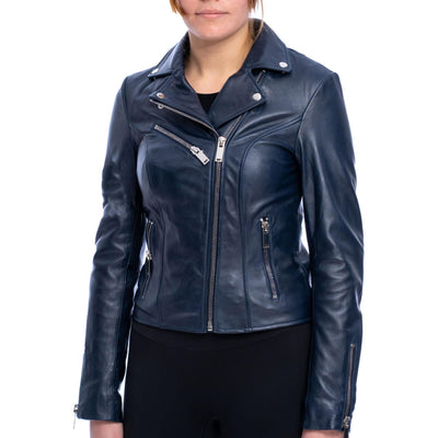 Women's Blue Moto Leather Jacket - Bull Armour