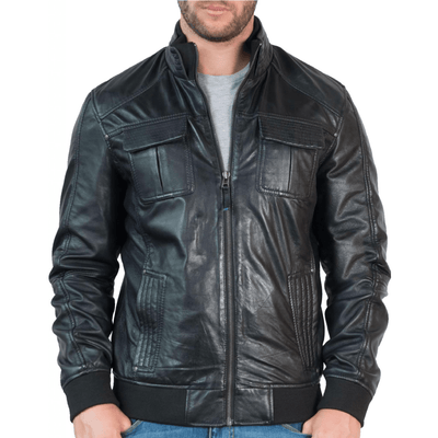 Men's Black Bomber Biker Leather Jacket - Bull Armour