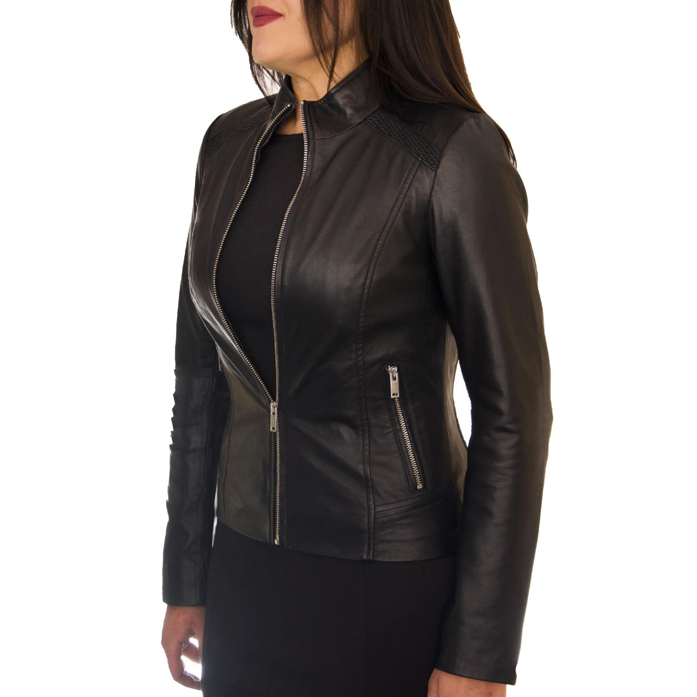 Women Black Cafe Racer Leather Jacket - Bull Armour