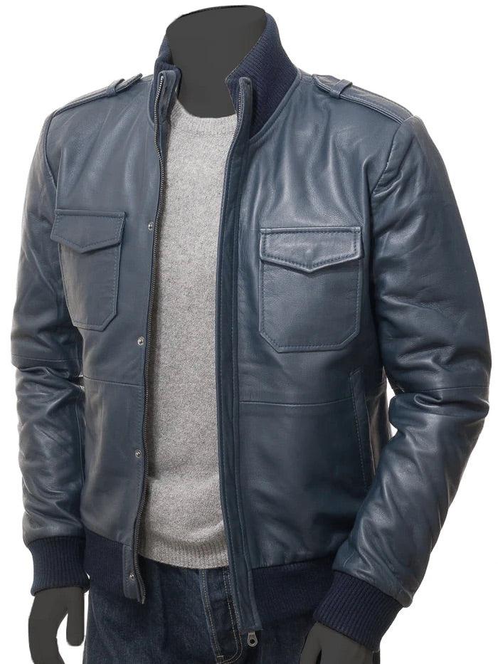 Men's Shoulder Strap Bomber Leather Jacket - Bull Armour
