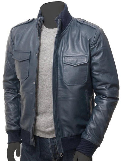 Men's Shoulder Strap Bomber Leather Jacket - Bull Armour