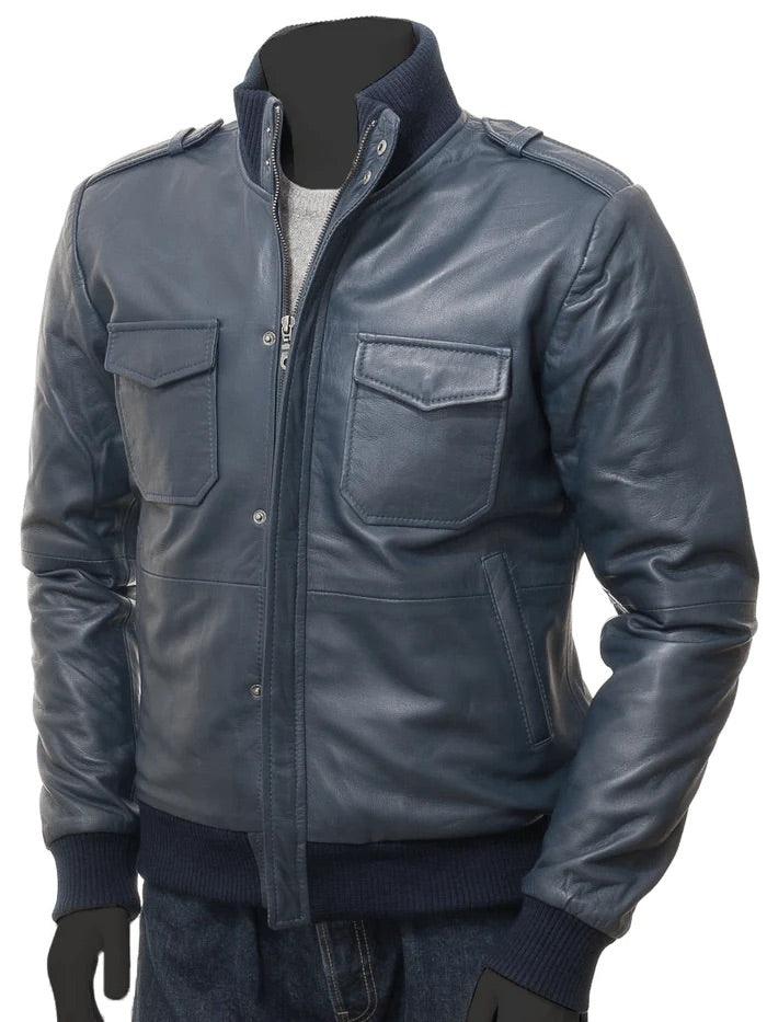 Men's Blue Bomber Motorcycle Leather Jacket - Bull Armour