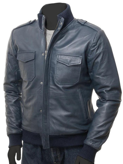 Men's Blue Bomber Motorcycle Leather Jacket - Bull Armour