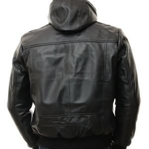 Men's Black Removable Hoodie Bomber Leather Jacket
