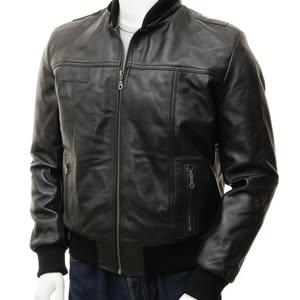 Men's Black Removable Hoodie Bomber Leather Jacket