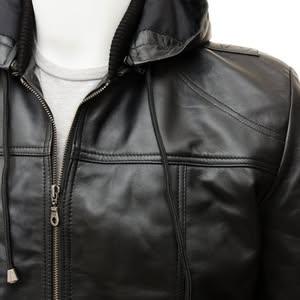 Men's Black Removable Hoodie Bomber Leather Jacket