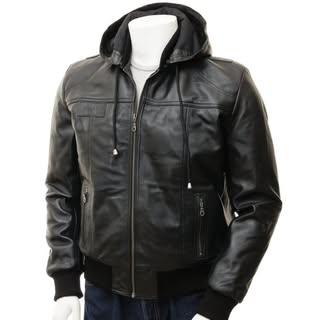 Men's Black Removable Hoodie Bomber Leather Jacket