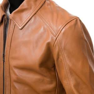 Men's Shirt Collar Tan Biker Leather Jacket - Tanner
