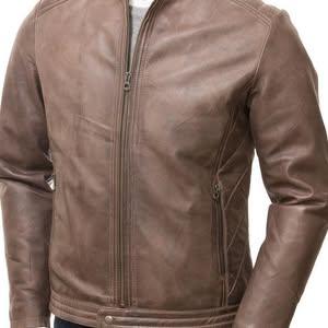 Men's Quilted Shoulder Brown Leather Jacket