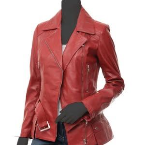 Women's Classic Retro Red Biker Leather Jacket - Ghost