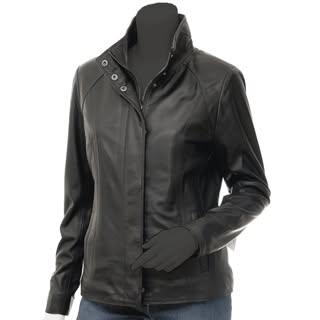 Women Stand Collar Black Biker Leather Jacket - Stella