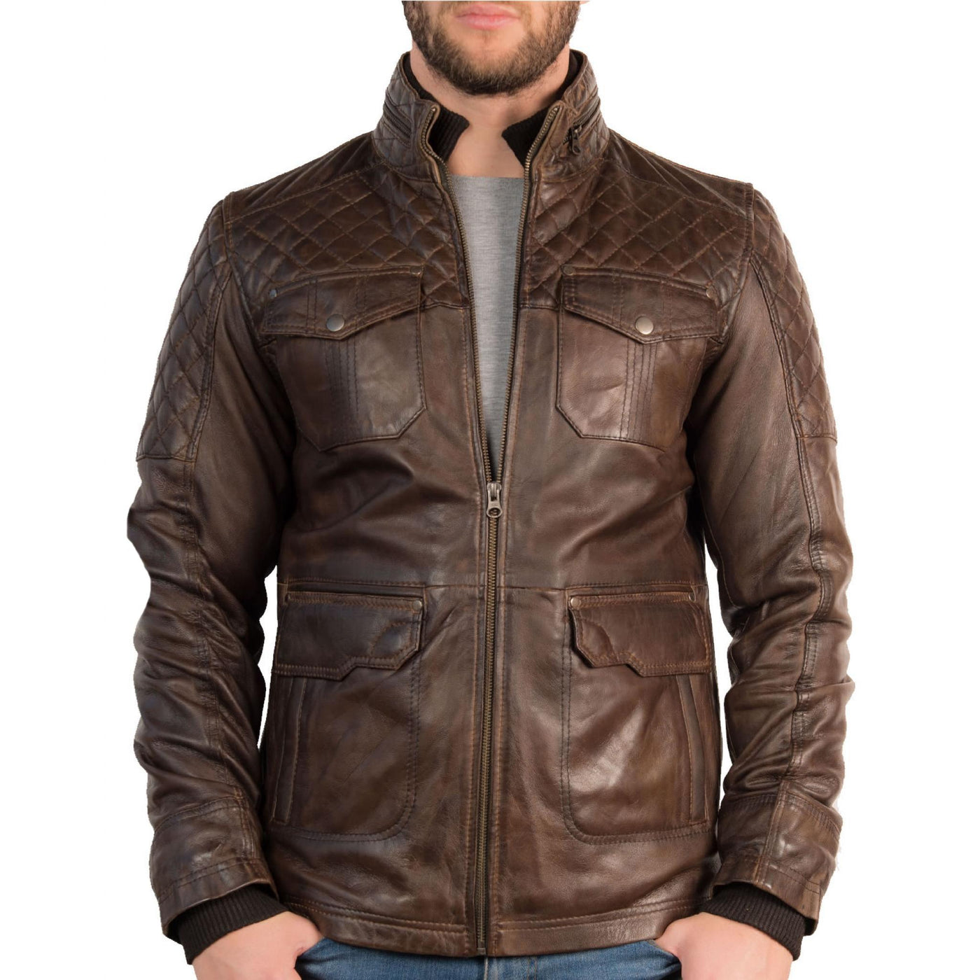 Men's Quilted Shoulder Motorcycle Leather Jacket - Bull Armour