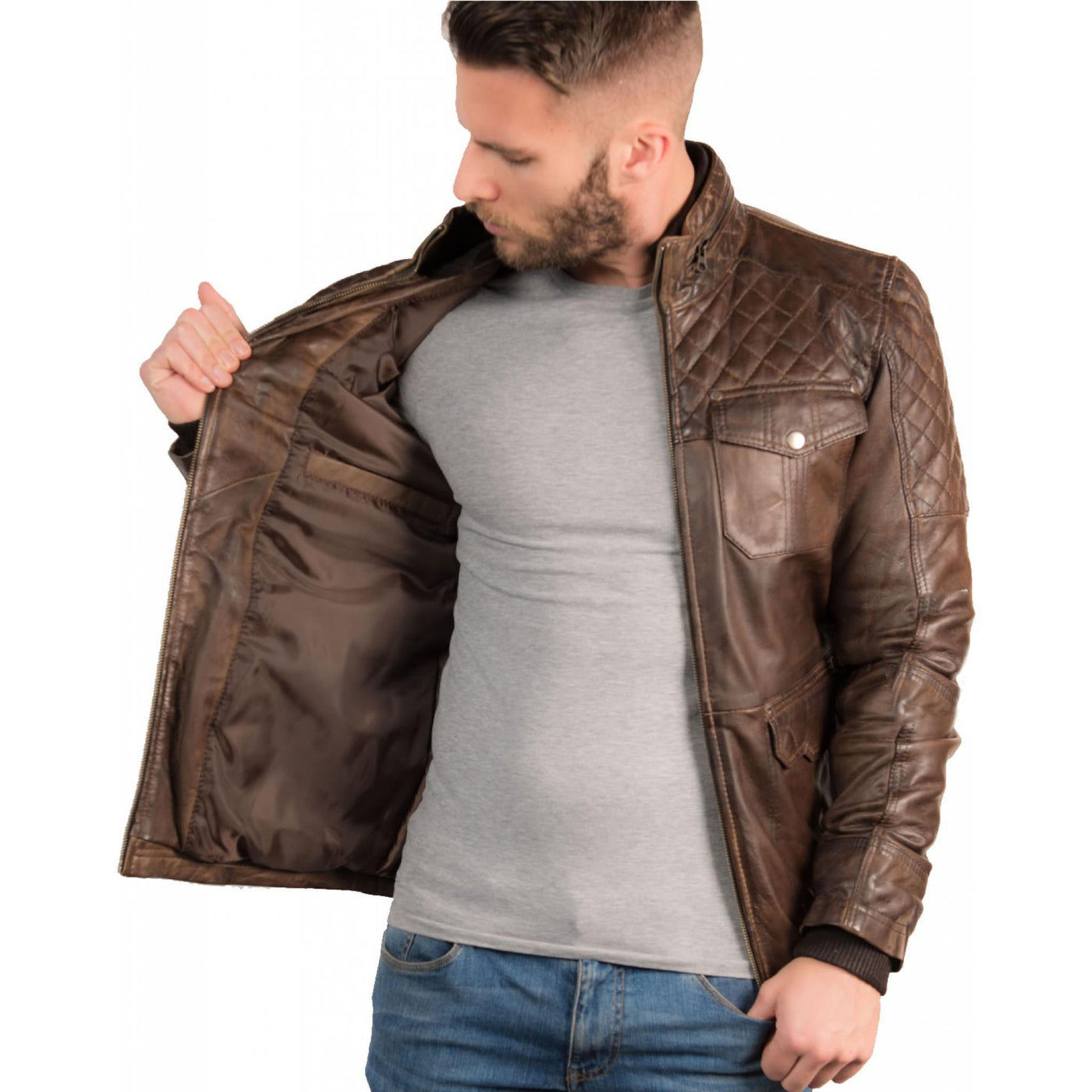 Men's Quilted Shoulder Motorcycle Leather Jacket - Bull Armour