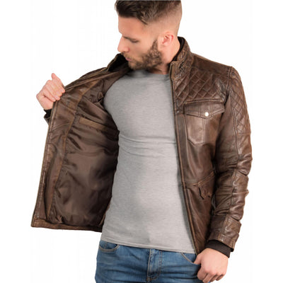 Men's Quilted Shoulder Motorcycle Leather Jacket - Bull Armour