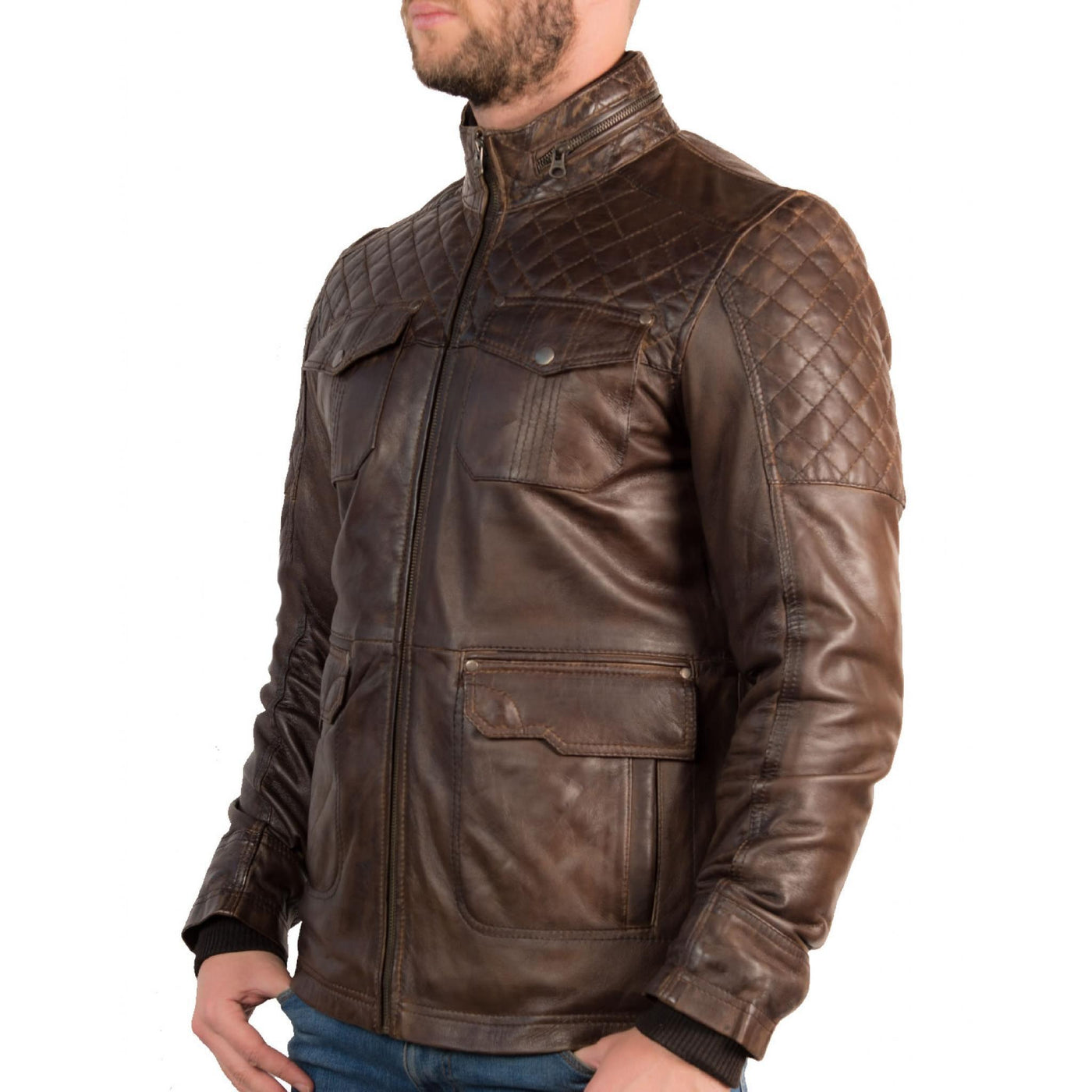 Men's Quilted Shoulder Motorcycle Leather Jacket - Bull Armour