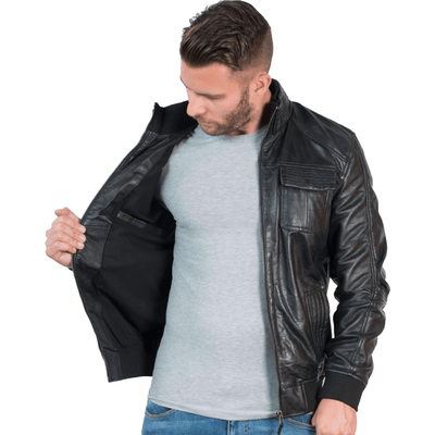 Men's Black Bomber Biker Leather Jacket - Bull Armour