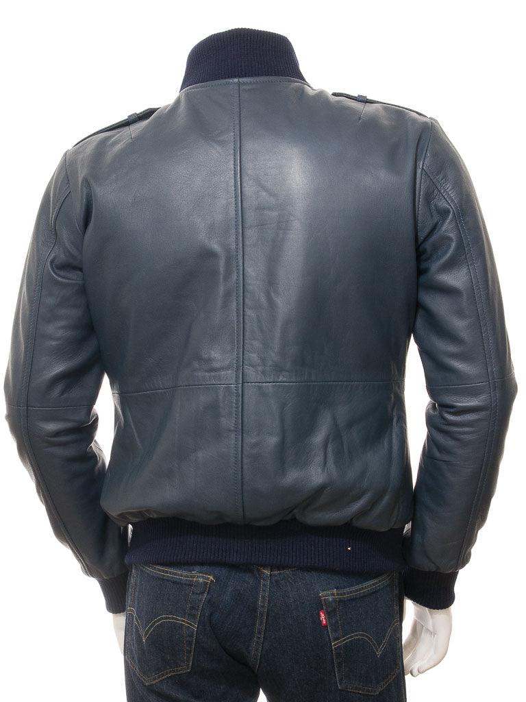 Men's Blue Bomber Motorcycle Leather Jacket - Bull Armour
