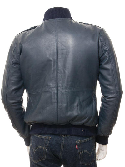 Men's Blue Bomber Motorcycle Leather Jacket - Bull Armour