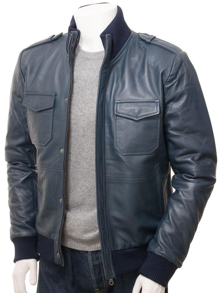 Men's Blue Bomber Motorcycle Leather Jacket - Bull Armour