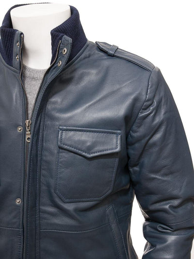 Men's Blue Bomber Motorcycle Leather Jacket - Bull Armour
