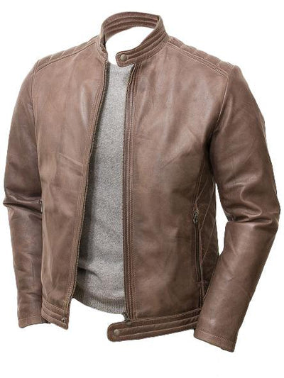 Men's Vintage Slim Fit Leather Jacket - Brown - Bull Armour