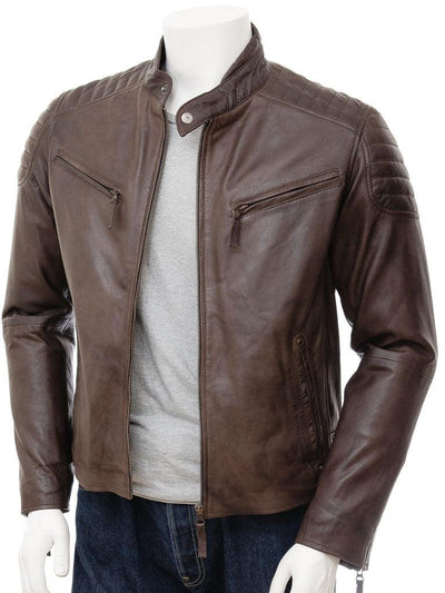 Men's Quilted Brown Leather Bomber Jacket - Bison - Bull Armour