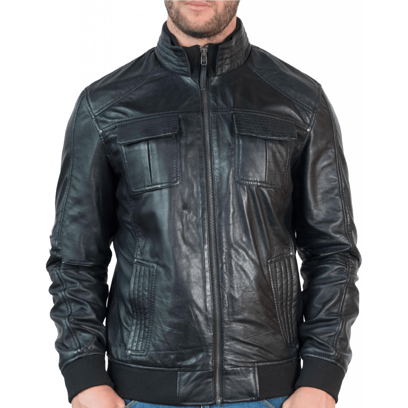 Men's Black Bomber Biker Leather Jacket - Bull Armour