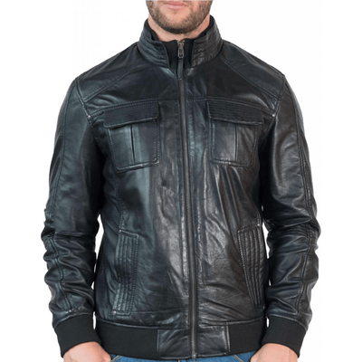 Men's Black Bomber Biker Leather Jacket - Bull Armour