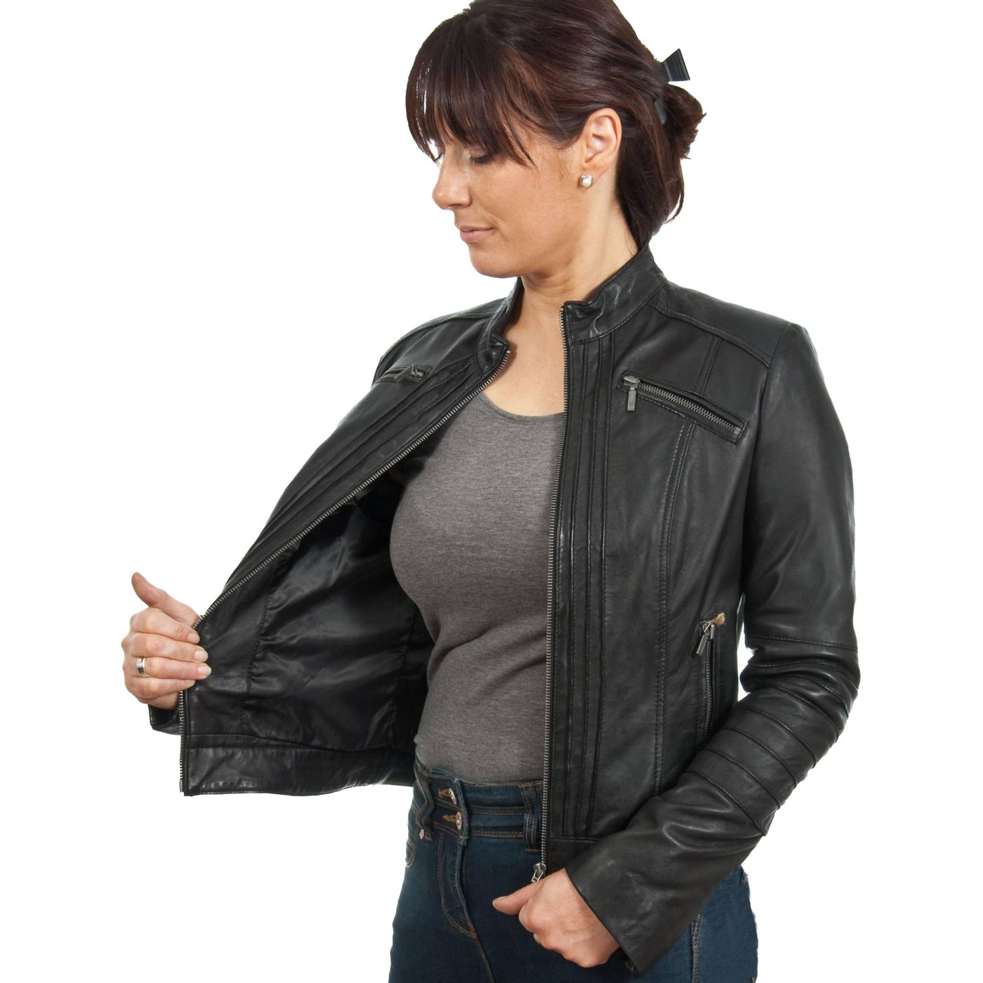 Women's Straight Closure Leather Jacket - Bull Armour