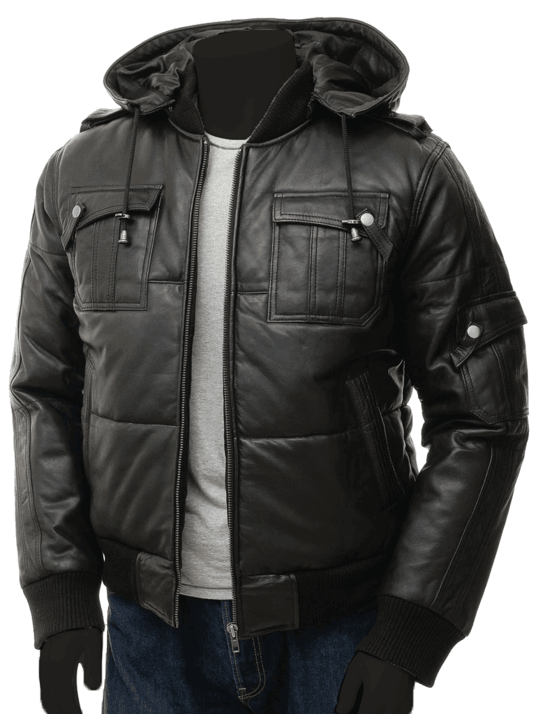 Men's Black Puffer Biker Leather Jacket - Bull Armour