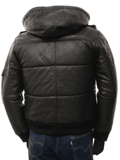 Men's Black Puffer Biker Leather Jacket - Bull Armour