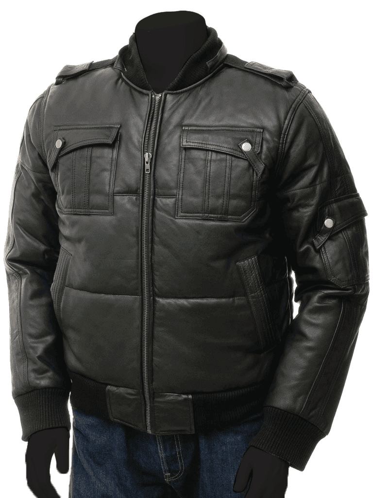 Men's Black Puffer Biker Leather Jacket - Bull Armour