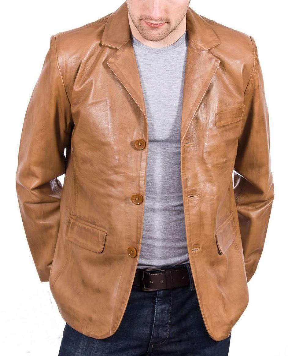 Men's Tan Leather Blazer | Premium Handcrafted Leather Blazer - Bull Armour