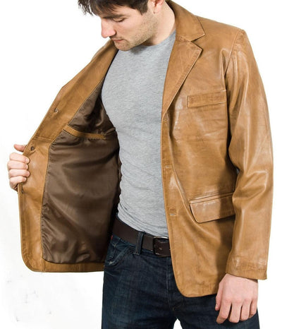 Men's Tan Leather Blazer | Premium Handcrafted Leather Blazer - Bull Armour