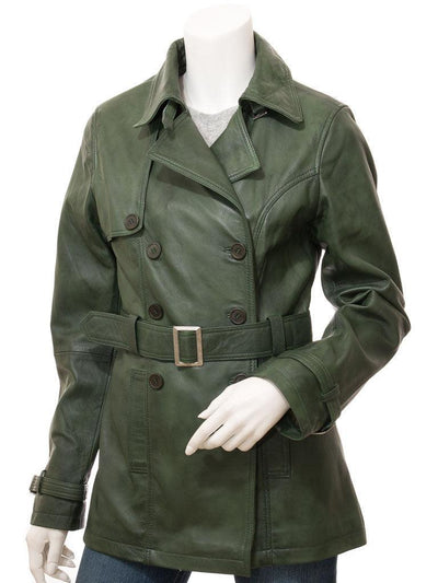 Women Green Leather Trench Coat - Bull Armour