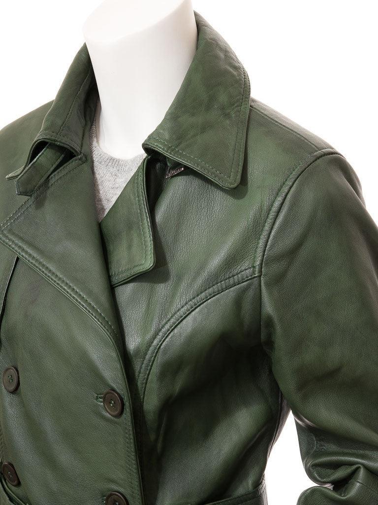 Women Green Leather Trench Coat - Bull Armour