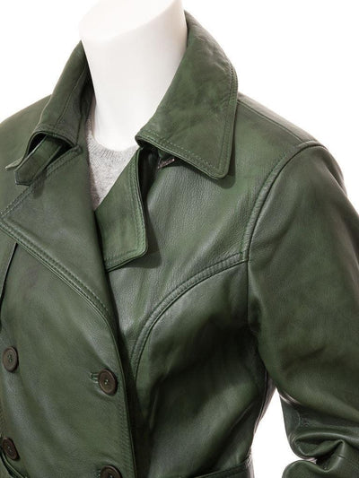 Women Green Leather Trench Coat - Bull Armour