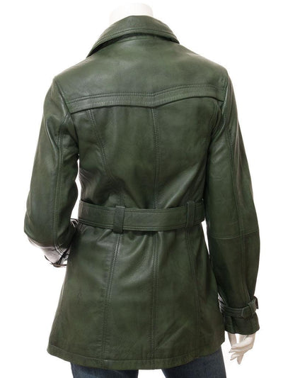 Women Green Leather Trench Coat - Bull Armour