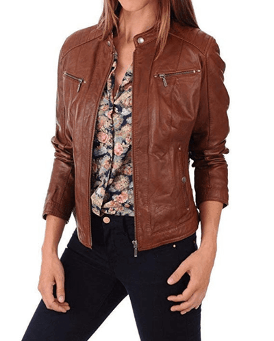Women Lambskin Brown Waxed Leather Jacket - Bull Armour